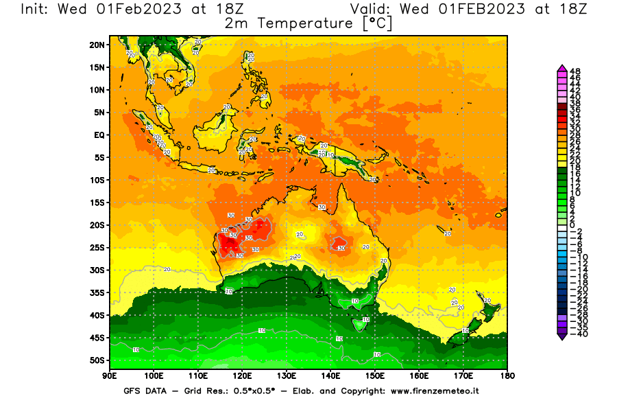 Mappa di analisi GFS - Temperatura a 2 metri dal suolo [°C] in Oceania
							del 01/02/2023 18 <!--googleoff: index-->UTC<!--googleon: index-->