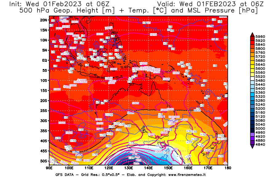 Mappa di analisi GFS - Geopotenziale [m] + Temp. [°C] a 500 hPa + Press. a livello del mare [hPa] in Oceania
							del 01/02/2023 06 <!--googleoff: index-->UTC<!--googleon: index-->