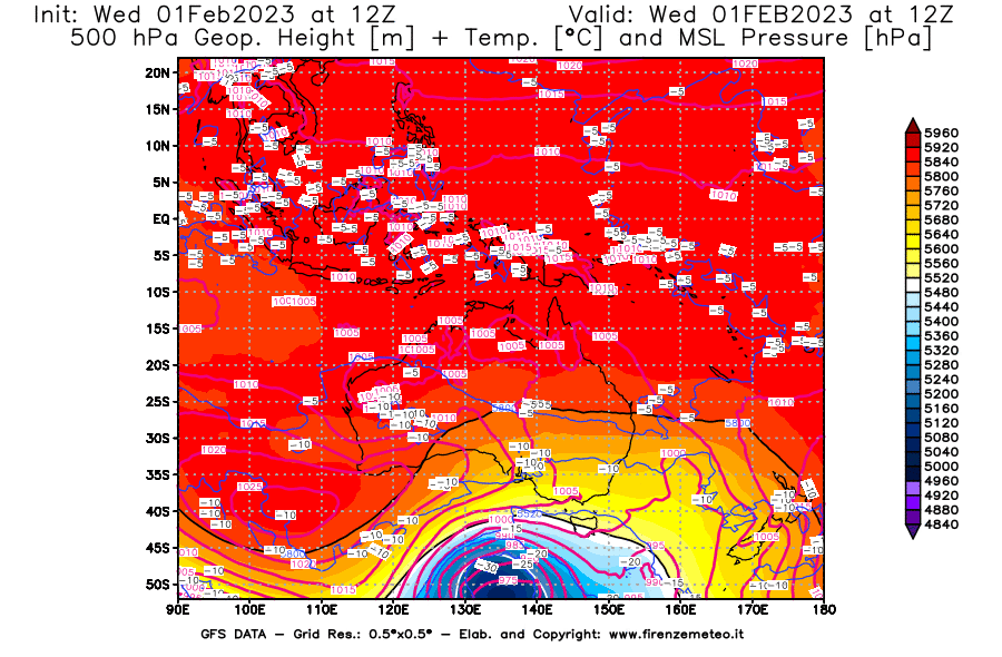 Mappa di analisi GFS - Geopotenziale [m] + Temp. [°C] a 500 hPa + Press. a livello del mare [hPa] in Oceania
							del 01/02/2023 12 <!--googleoff: index-->UTC<!--googleon: index-->