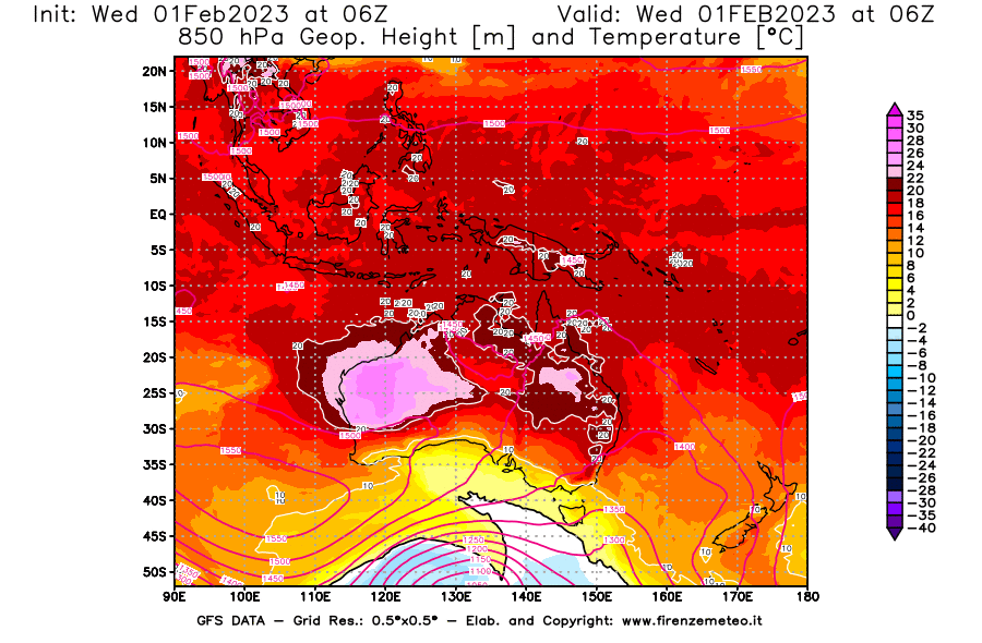 Mappa di analisi GFS - Geopotenziale [m] e Temperatura [°C] a 850 hPa in Oceania
							del 01/02/2023 06 <!--googleoff: index-->UTC<!--googleon: index-->