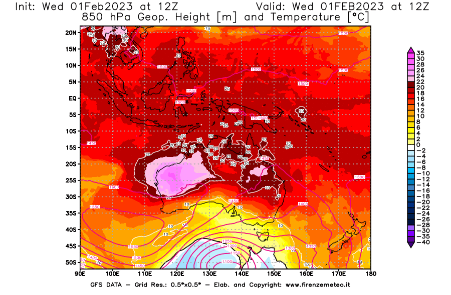 Mappa di analisi GFS - Geopotenziale [m] e Temperatura [°C] a 850 hPa in Oceania
							del 01/02/2023 12 <!--googleoff: index-->UTC<!--googleon: index-->
