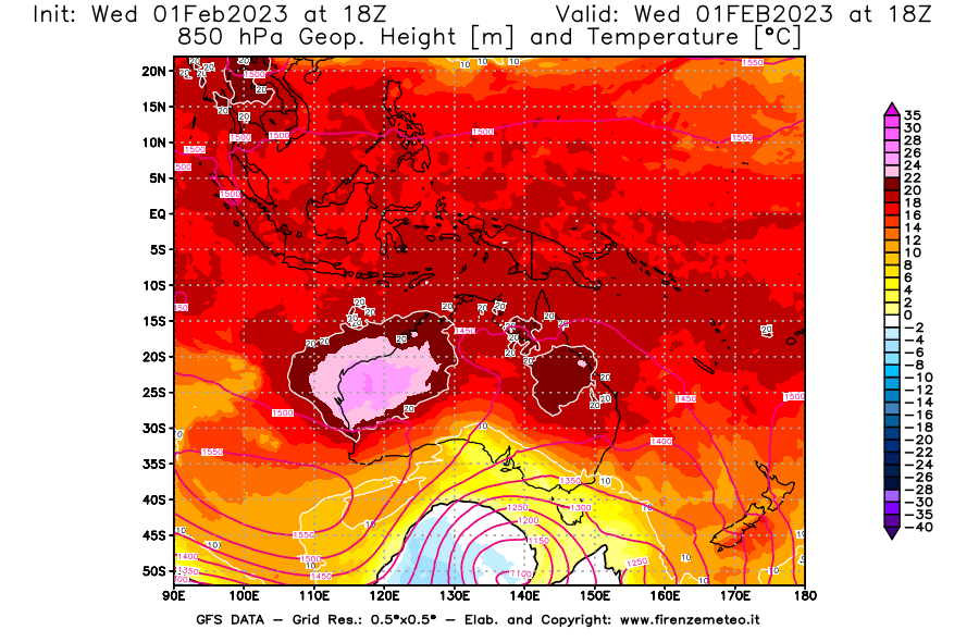 Mappa di analisi GFS - Geopotenziale [m] e Temperatura [°C] a 850 hPa in Oceania
							del 01/02/2023 18 <!--googleoff: index-->UTC<!--googleon: index-->