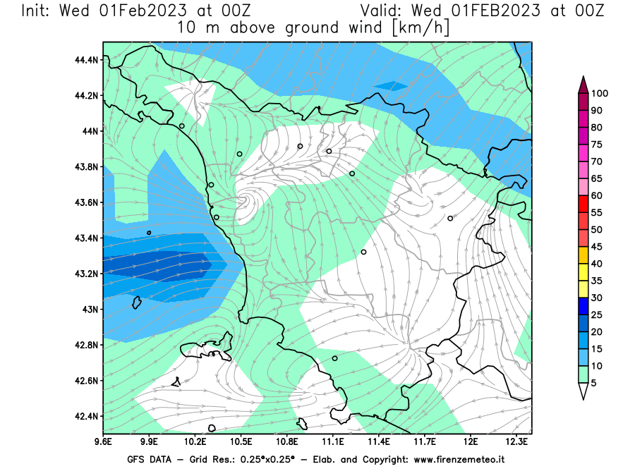 Mappa di analisi GFS - Velocità del vento a 10 metri dal suolo [km/h] in Toscana
							del 01/02/2023 00 <!--googleoff: index-->UTC<!--googleon: index-->