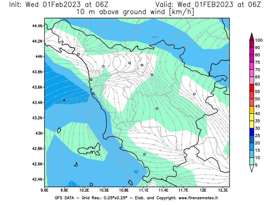 Mappa di analisi GFS - Velocità del vento a 10 metri dal suolo [km/h] in Toscana
							del 01/02/2023 06 <!--googleoff: index-->UTC<!--googleon: index-->