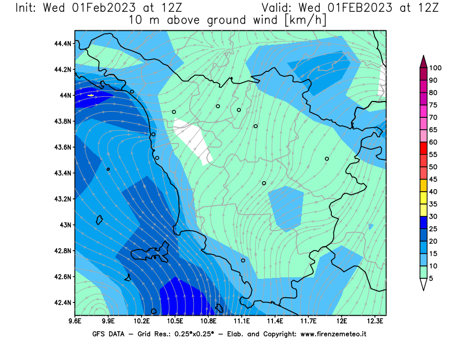 Mappa di analisi GFS - Velocità del vento a 10 metri dal suolo [km/h] in Toscana
							del 01/02/2023 12 <!--googleoff: index-->UTC<!--googleon: index-->