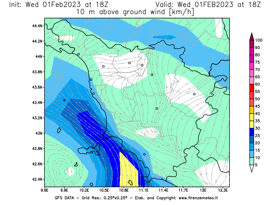 Mappa di analisi GFS - Velocità del vento a 10 metri dal suolo [km/h] in Toscana
							del 01/02/2023 18 <!--googleoff: index-->UTC<!--googleon: index-->