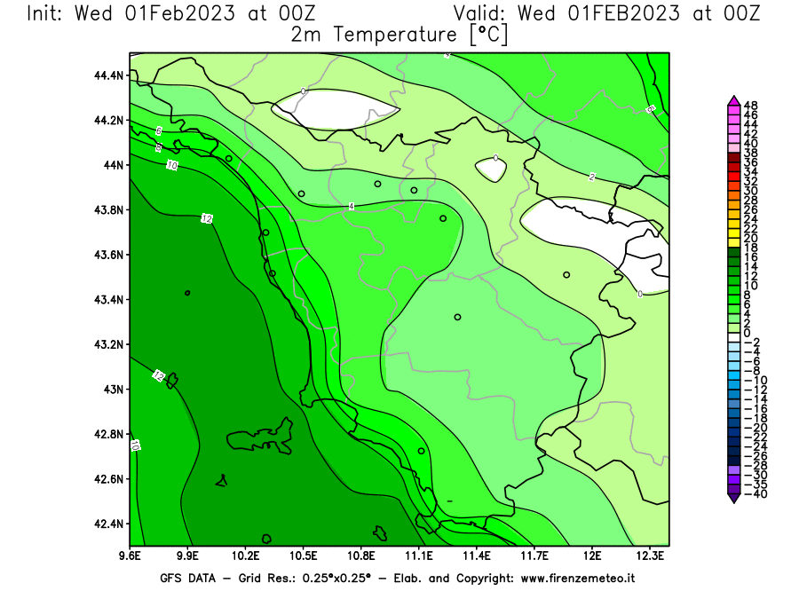 Mappa di analisi GFS - Temperatura a 2 metri dal suolo [°C] in Toscana
							del 01/02/2023 00 <!--googleoff: index-->UTC<!--googleon: index-->