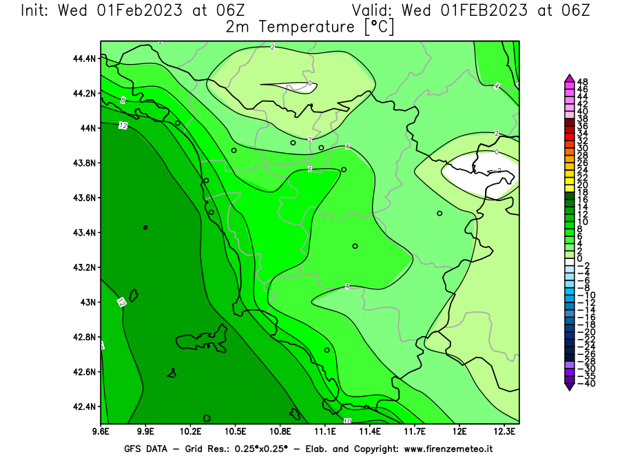Mappa di analisi GFS - Temperatura a 2 metri dal suolo [°C] in Toscana
							del 01/02/2023 06 <!--googleoff: index-->UTC<!--googleon: index-->