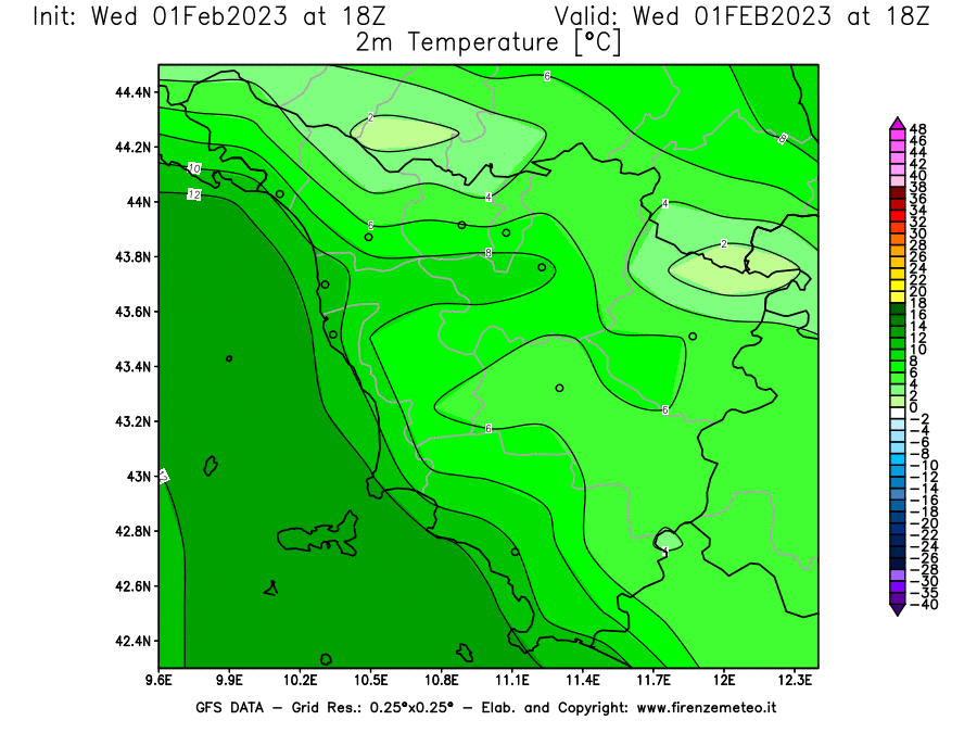 Mappa di analisi GFS - Temperatura a 2 metri dal suolo [°C] in Toscana
							del 01/02/2023 18 <!--googleoff: index-->UTC<!--googleon: index-->