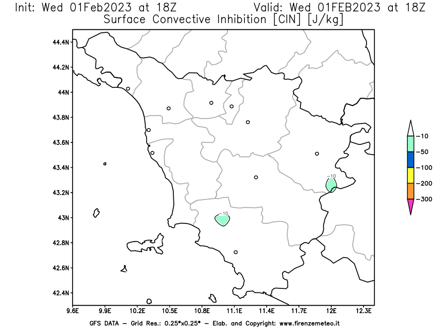 Mappa di analisi GFS - CIN [J/kg] in Toscana
							del 01/02/2023 18 <!--googleoff: index-->UTC<!--googleon: index-->
