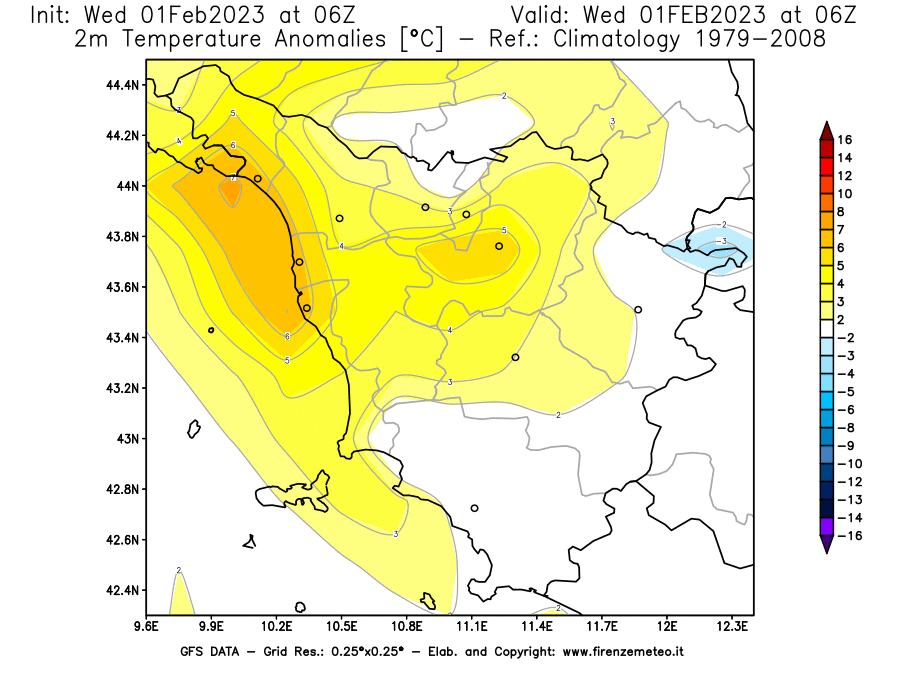 Mappa di analisi GFS - Anomalia Temperatura [°C] a 2 m in Toscana
							del 01/02/2023 06 <!--googleoff: index-->UTC<!--googleon: index-->