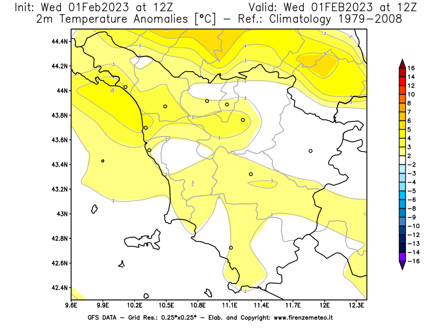 Mappa di analisi GFS - Anomalia Temperatura [°C] a 2 m in Toscana
							del 01/02/2023 12 <!--googleoff: index-->UTC<!--googleon: index-->