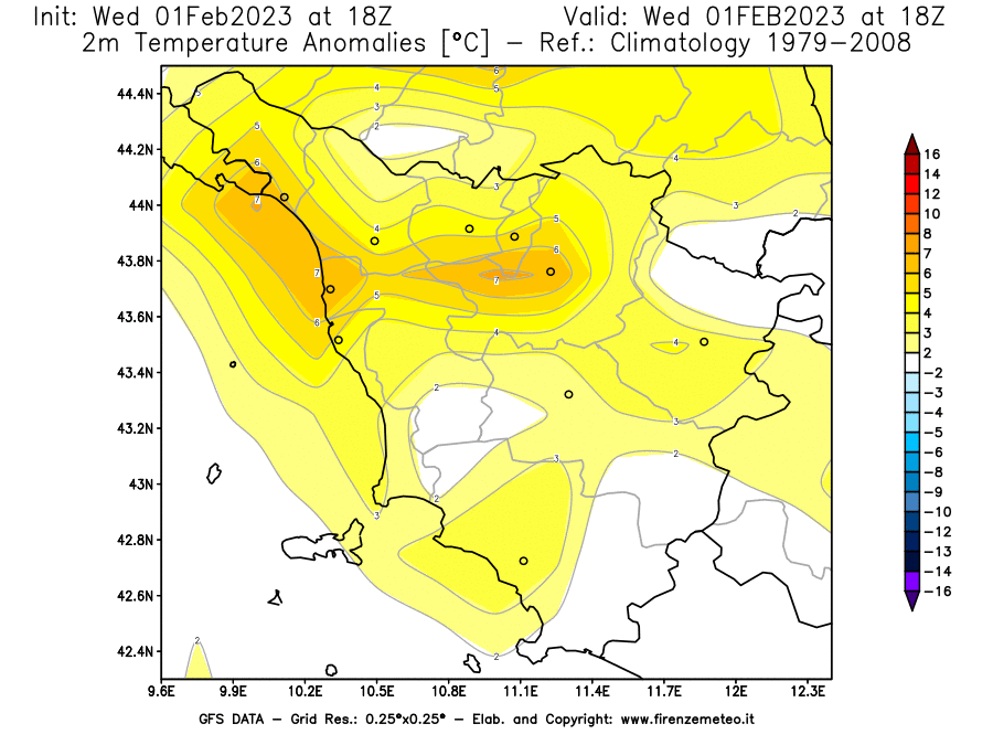 Mappa di analisi GFS - Anomalia Temperatura [°C] a 2 m in Toscana
							del 01/02/2023 18 <!--googleoff: index-->UTC<!--googleon: index-->