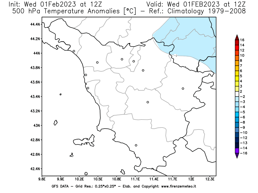 Mappa di analisi GFS - Anomalia Temperatura [°C] a 500 hPa in Toscana
							del 01/02/2023 12 <!--googleoff: index-->UTC<!--googleon: index-->