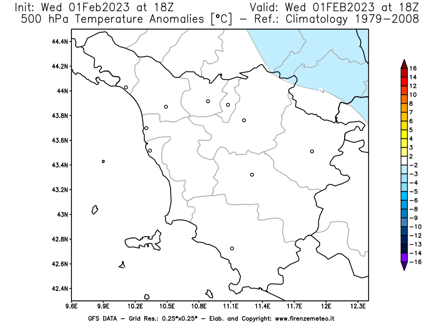 Mappa di analisi GFS - Anomalia Temperatura [°C] a 500 hPa in Toscana
							del 01/02/2023 18 <!--googleoff: index-->UTC<!--googleon: index-->