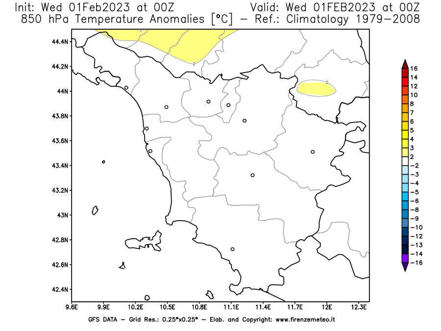 Mappa di analisi GFS - Anomalia Temperatura [°C] a 850 hPa in Toscana
							del 01/02/2023 00 <!--googleoff: index-->UTC<!--googleon: index-->