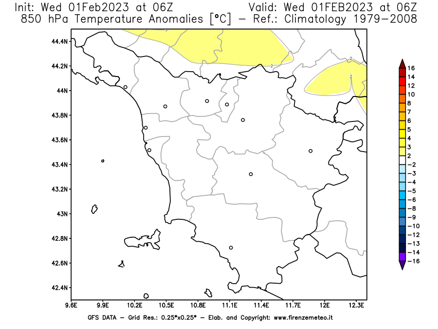Mappa di analisi GFS - Anomalia Temperatura [°C] a 850 hPa in Toscana
							del 01/02/2023 06 <!--googleoff: index-->UTC<!--googleon: index-->