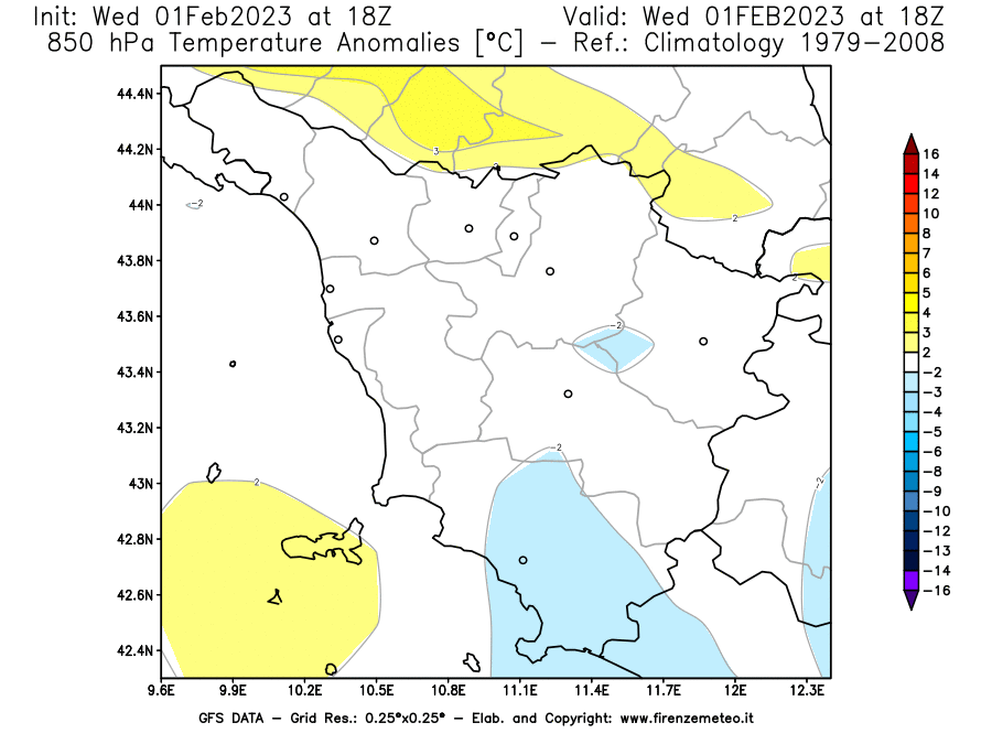 Mappa di analisi GFS - Anomalia Temperatura [°C] a 850 hPa in Toscana
							del 01/02/2023 18 <!--googleoff: index-->UTC<!--googleon: index-->