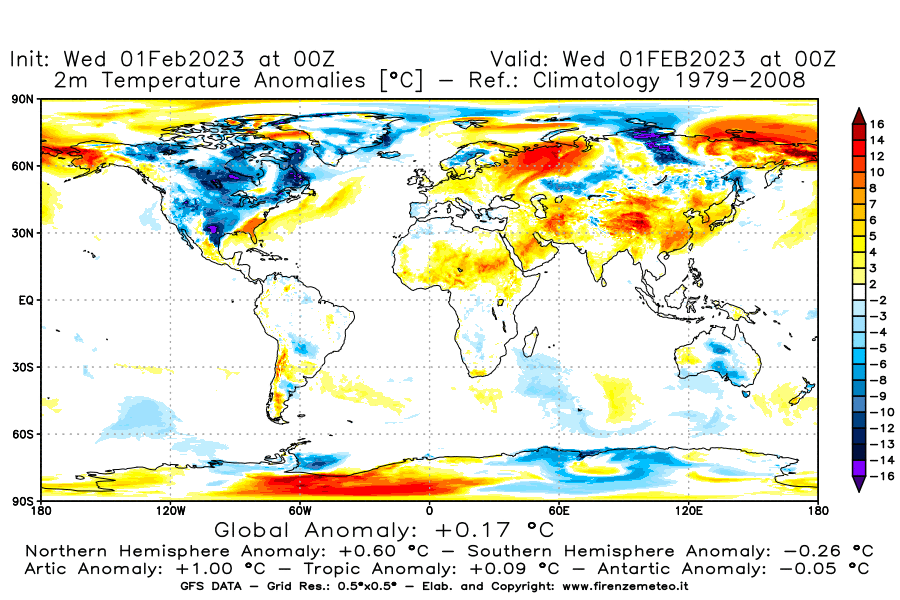 Mappa di analisi GFS - Anomalia Temperatura [°C] a 2 m in World
							del 01/02/2023 00 <!--googleoff: index-->UTC<!--googleon: index-->
