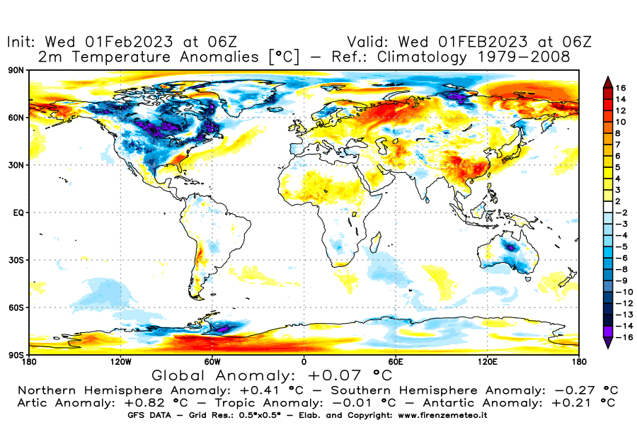 Mappa di analisi GFS - Anomalia Temperatura [°C] a 2 m in World
							del 01/02/2023 06 <!--googleoff: index-->UTC<!--googleon: index-->