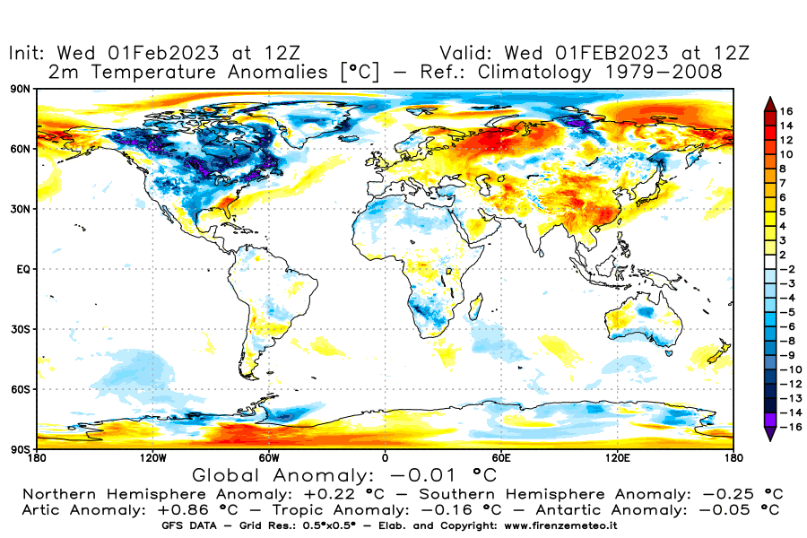 Mappa di analisi GFS - Anomalia Temperatura [°C] a 2 m in World
							del 01/02/2023 12 <!--googleoff: index-->UTC<!--googleon: index-->