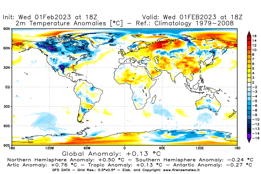 Mappa di analisi GFS - Anomalia Temperatura [°C] a 2 m in World
							del 01/02/2023 18 <!--googleoff: index-->UTC<!--googleon: index-->