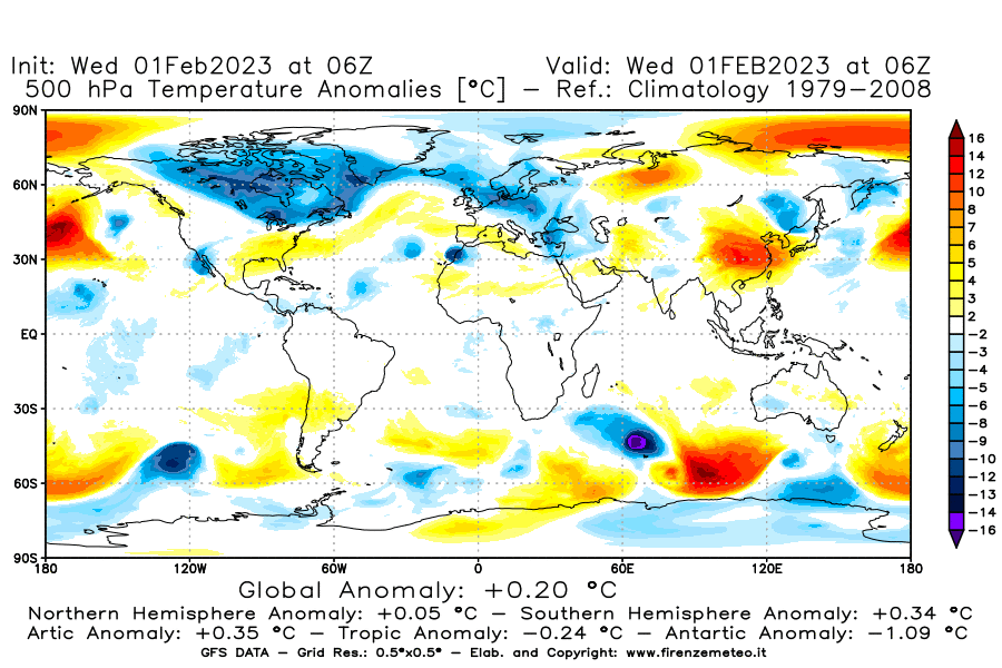 Mappa di analisi GFS - Anomalia Temperatura [°C] a 500 hPa in World
							del 01/02/2023 06 <!--googleoff: index-->UTC<!--googleon: index-->