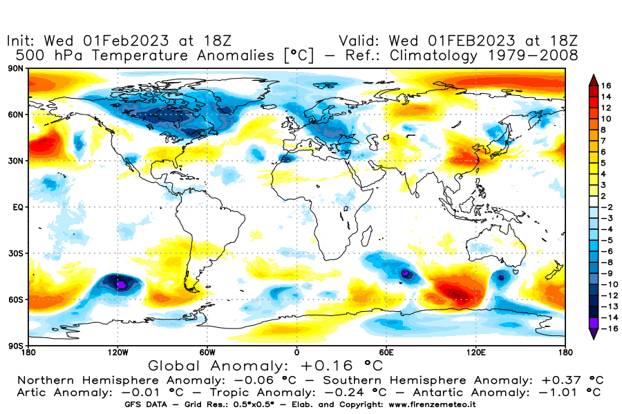 Mappa di analisi GFS - Anomalia Temperatura [°C] a 500 hPa in World
							del 01/02/2023 18 <!--googleoff: index-->UTC<!--googleon: index-->