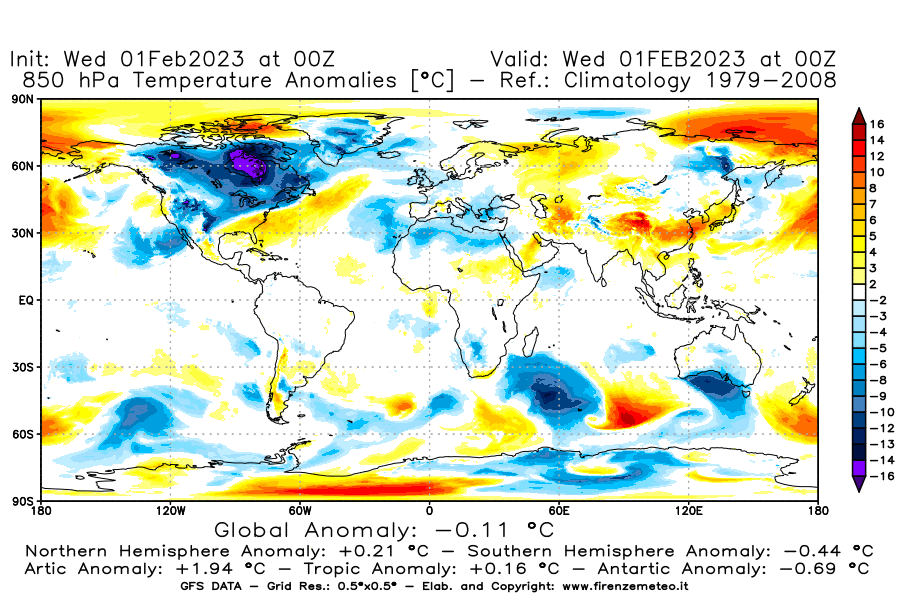 Mappa di analisi GFS - Anomalia Temperatura [°C] a 850 hPa in World
							del 01/02/2023 00 <!--googleoff: index-->UTC<!--googleon: index-->