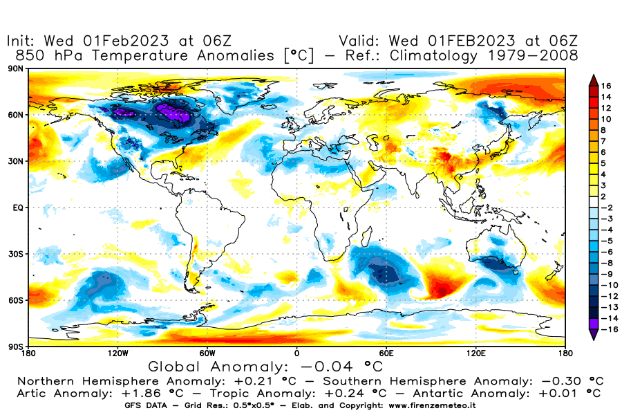 Mappa di analisi GFS - Anomalia Temperatura [°C] a 850 hPa in World
							del 01/02/2023 06 <!--googleoff: index-->UTC<!--googleon: index-->