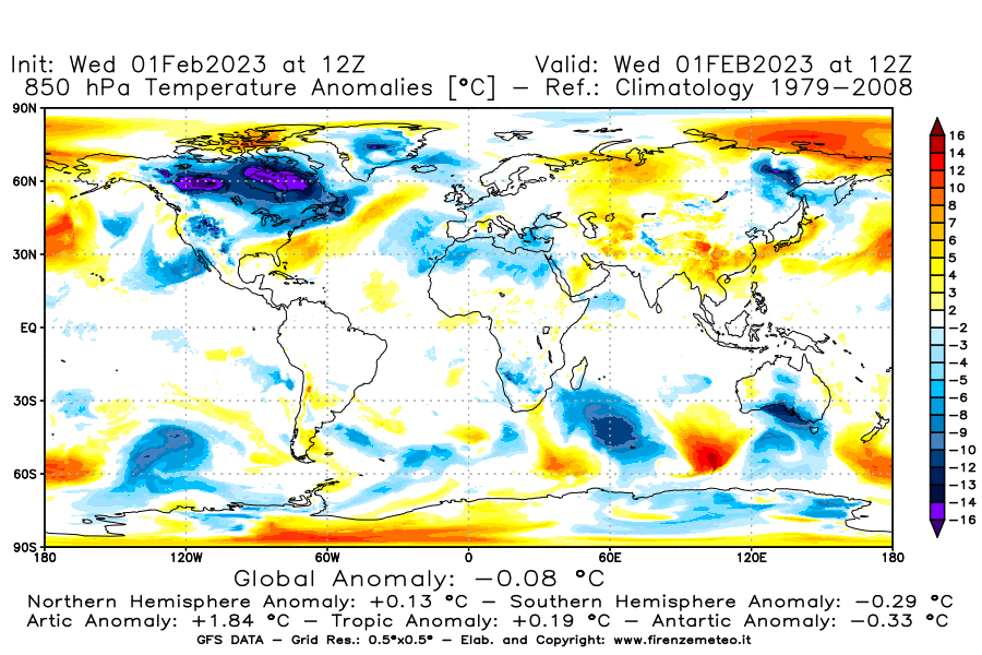 Mappa di analisi GFS - Anomalia Temperatura [°C] a 850 hPa in World
							del 01/02/2023 12 <!--googleoff: index-->UTC<!--googleon: index-->
