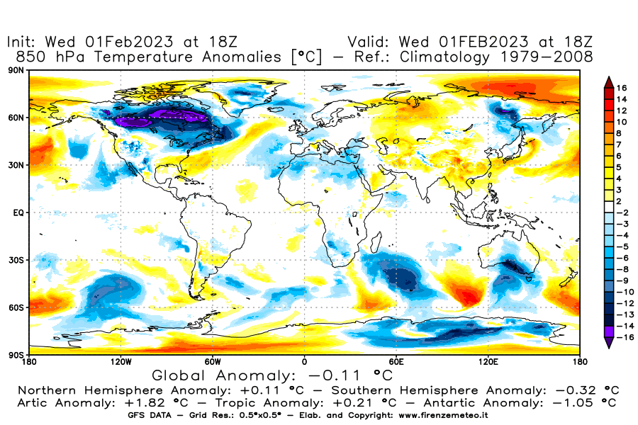 Mappa di analisi GFS - Anomalia Temperatura [°C] a 850 hPa in World
							del 01/02/2023 18 <!--googleoff: index-->UTC<!--googleon: index-->