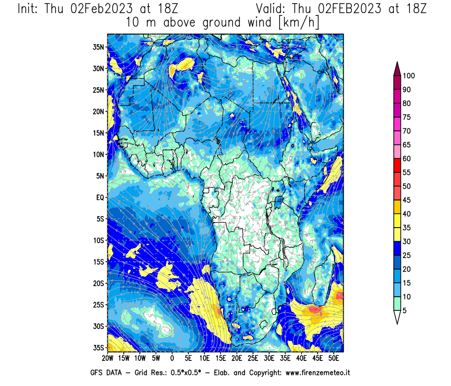 Mappa di analisi GFS - Velocità del vento a 10 metri dal suolo [km/h] in Africa
							del 02/02/2023 18 <!--googleoff: index-->UTC<!--googleon: index-->
