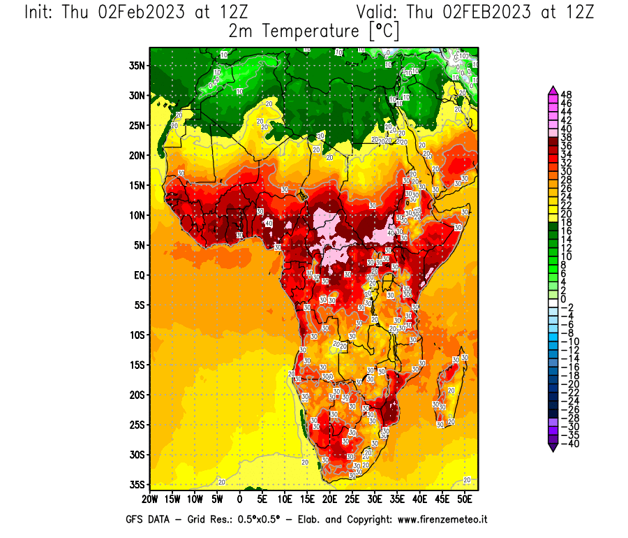 Mappa di analisi GFS - Temperatura a 2 metri dal suolo [°C] in Africa
							del 02/02/2023 12 <!--googleoff: index-->UTC<!--googleon: index-->