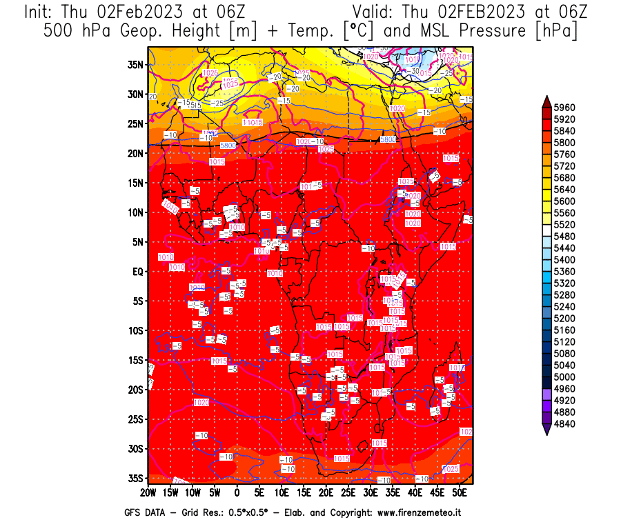 Mappa di analisi GFS - Geopotenziale [m] + Temp. [°C] a 500 hPa + Press. a livello del mare [hPa] in Africa
							del 02/02/2023 06 <!--googleoff: index-->UTC<!--googleon: index-->