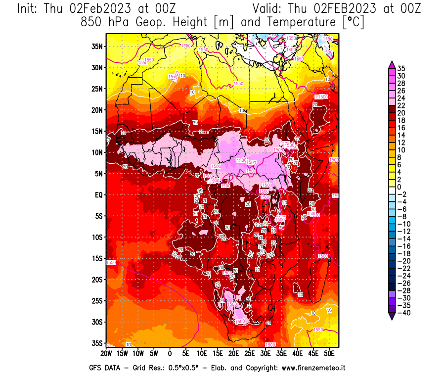 Mappa di analisi GFS - Geopotenziale [m] e Temperatura [°C] a 850 hPa in Africa
							del 02/02/2023 00 <!--googleoff: index-->UTC<!--googleon: index-->