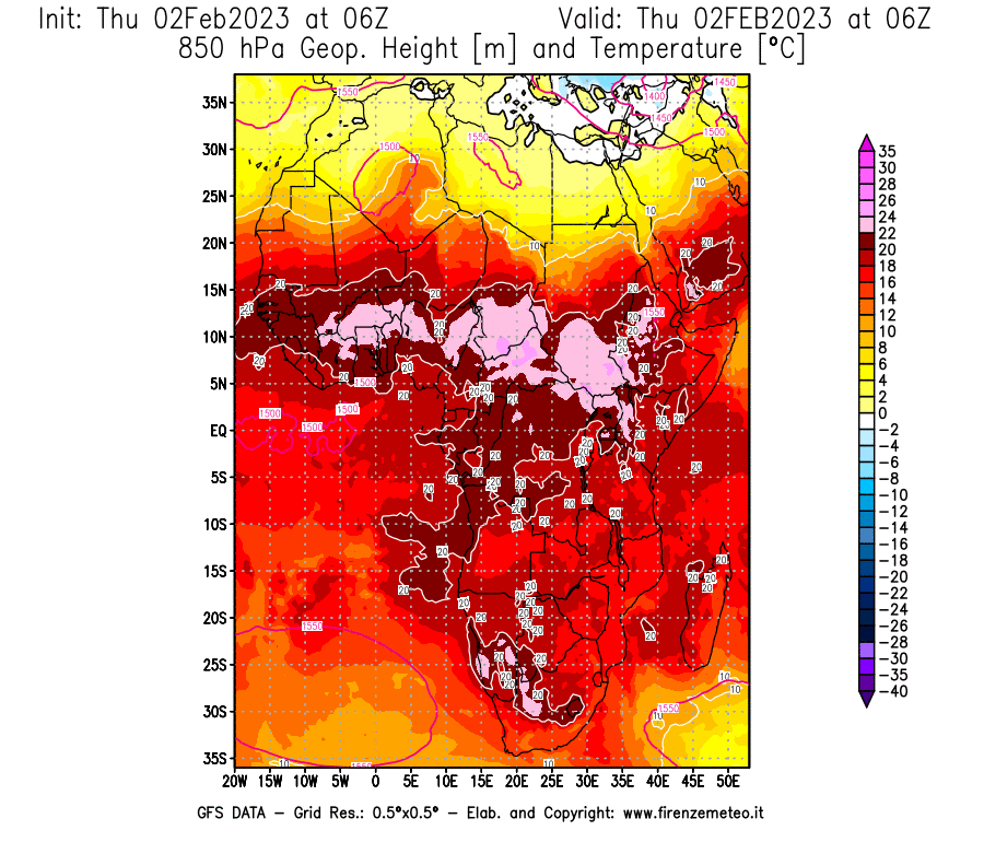 Mappa di analisi GFS - Geopotenziale [m] e Temperatura [°C] a 850 hPa in Africa
							del 02/02/2023 06 <!--googleoff: index-->UTC<!--googleon: index-->