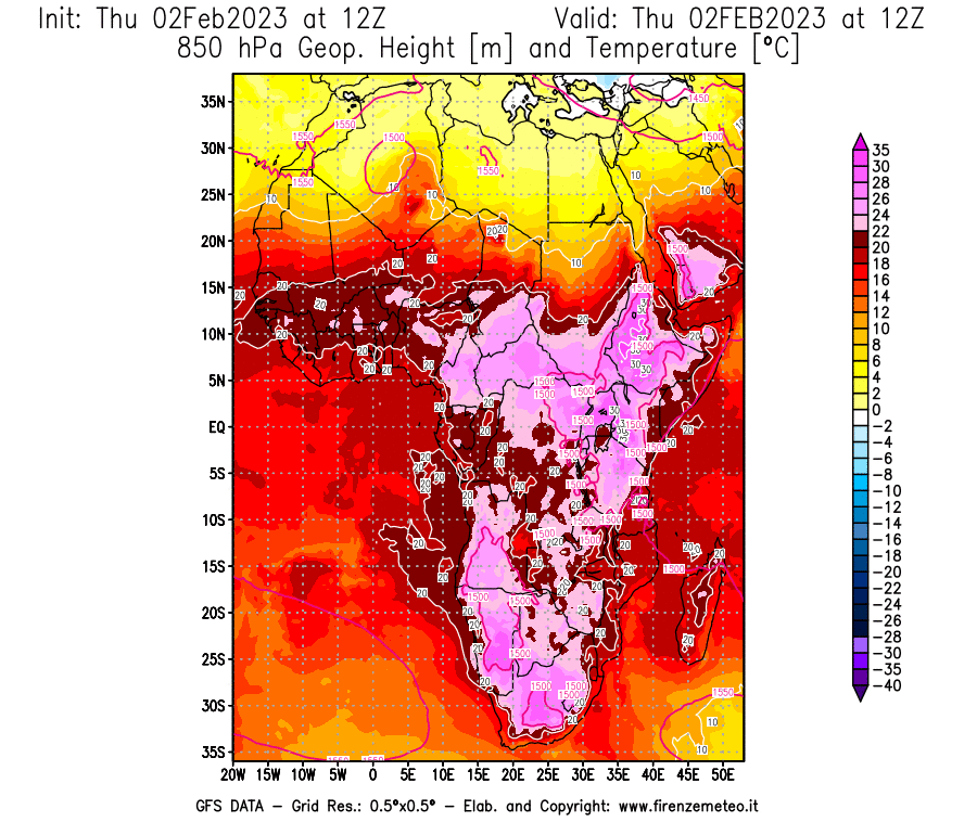 Mappa di analisi GFS - Geopotenziale [m] e Temperatura [°C] a 850 hPa in Africa
							del 02/02/2023 12 <!--googleoff: index-->UTC<!--googleon: index-->