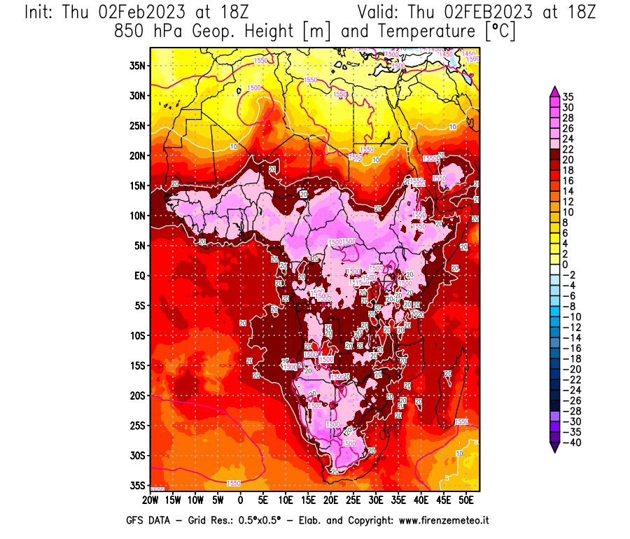 Mappa di analisi GFS - Geopotenziale [m] e Temperatura [°C] a 850 hPa in Africa
							del 02/02/2023 18 <!--googleoff: index-->UTC<!--googleon: index-->