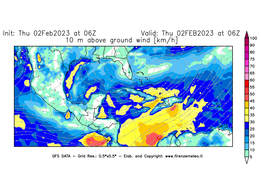 Mappa di analisi GFS - Velocità del vento a 10 metri dal suolo [km/h] in Centro-America
							del 02/02/2023 06 <!--googleoff: index-->UTC<!--googleon: index-->