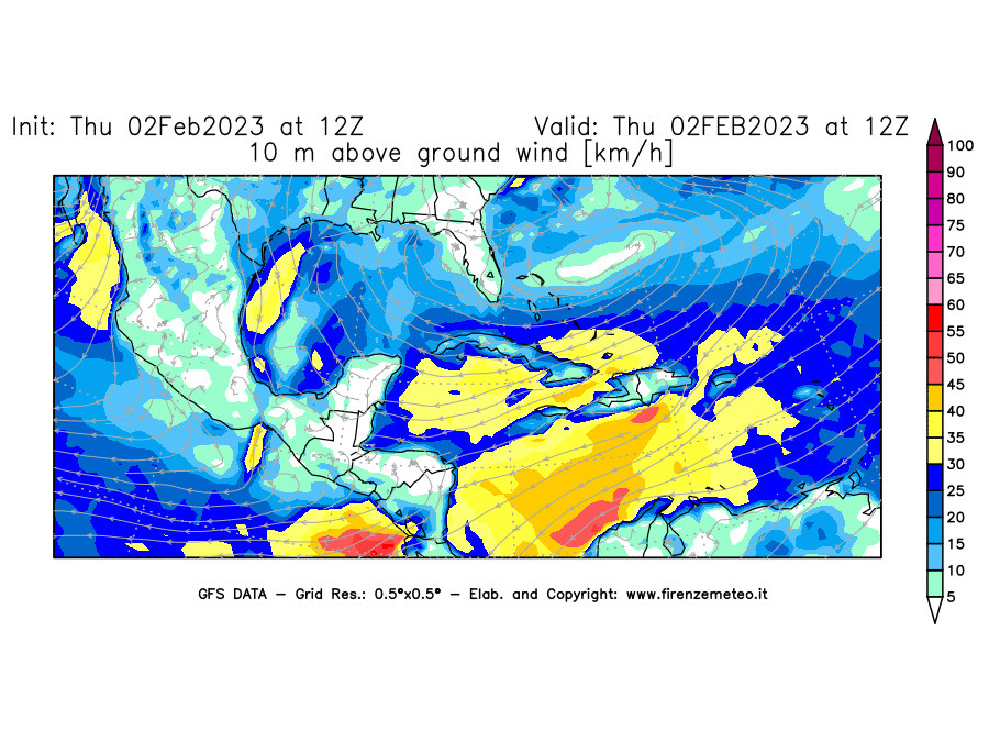 Mappa di analisi GFS - Velocità del vento a 10 metri dal suolo [km/h] in Centro-America
							del 02/02/2023 12 <!--googleoff: index-->UTC<!--googleon: index-->