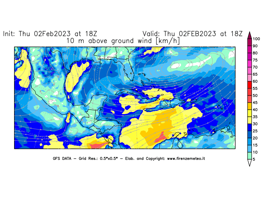 Mappa di analisi GFS - Velocità del vento a 10 metri dal suolo [km/h] in Centro-America
							del 02/02/2023 18 <!--googleoff: index-->UTC<!--googleon: index-->