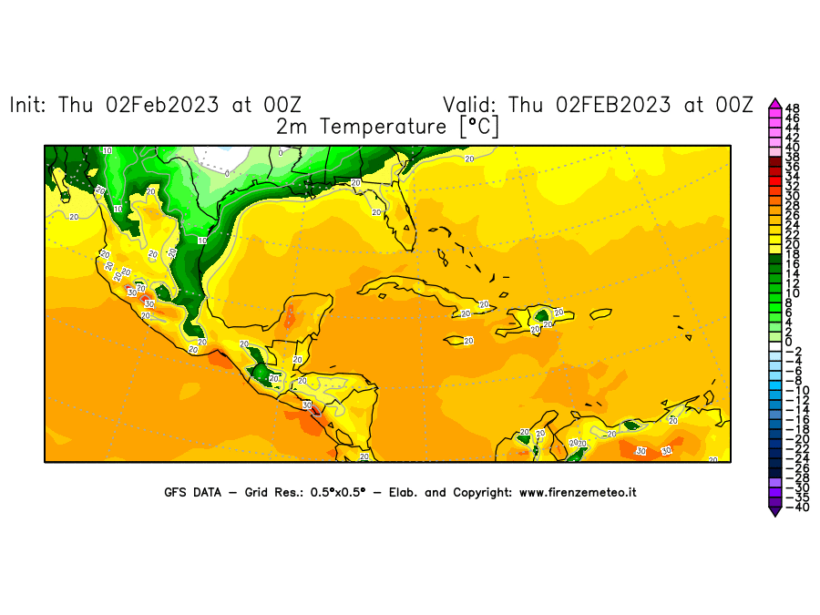 Mappa di analisi GFS - Temperatura a 2 metri dal suolo [°C] in Centro-America
							del 02/02/2023 00 <!--googleoff: index-->UTC<!--googleon: index-->