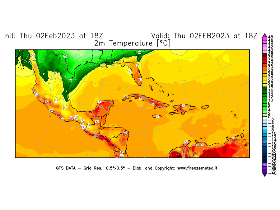 Mappa di analisi GFS - Temperatura a 2 metri dal suolo [°C] in Centro-America
							del 02/02/2023 18 <!--googleoff: index-->UTC<!--googleon: index-->