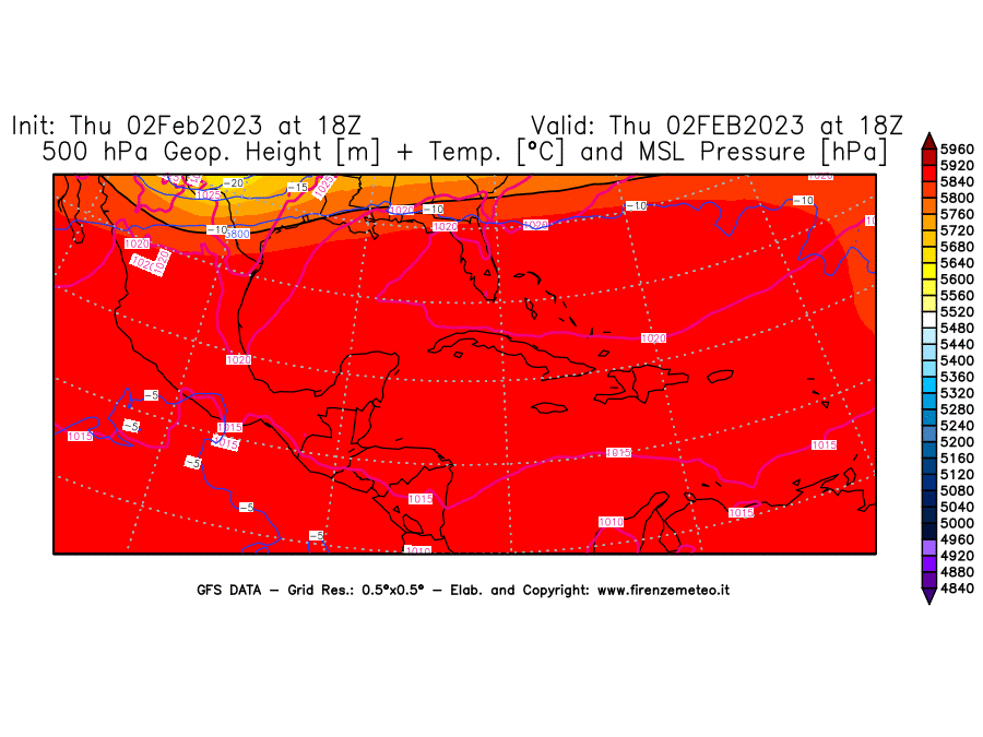 Mappa di analisi GFS - Geopotenziale [m] + Temp. [°C] a 500 hPa + Press. a livello del mare [hPa] in Centro-America
							del 02/02/2023 18 <!--googleoff: index-->UTC<!--googleon: index-->