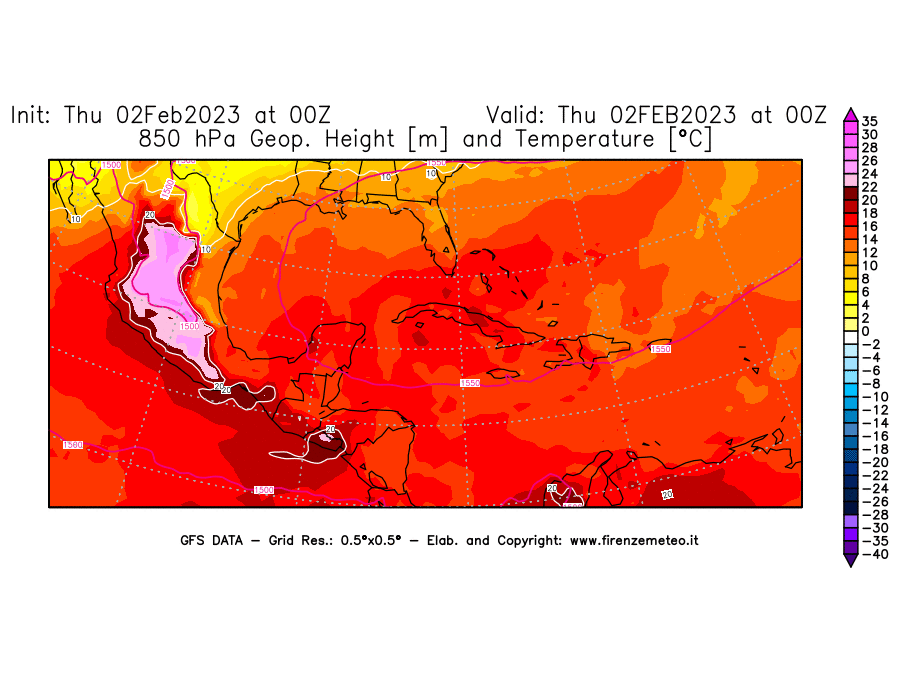Mappa di analisi GFS - Geopotenziale [m] e Temperatura [°C] a 850 hPa in Centro-America
							del 02/02/2023 00 <!--googleoff: index-->UTC<!--googleon: index-->