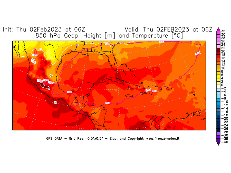 Mappa di analisi GFS - Geopotenziale [m] e Temperatura [°C] a 850 hPa in Centro-America
							del 02/02/2023 06 <!--googleoff: index-->UTC<!--googleon: index-->