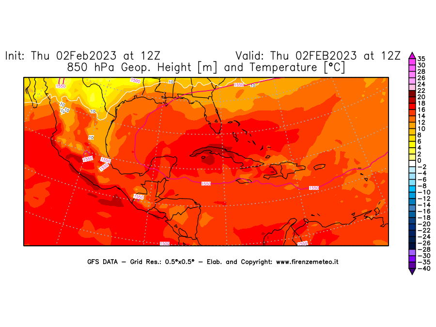 Mappa di analisi GFS - Geopotenziale [m] e Temperatura [°C] a 850 hPa in Centro-America
							del 02/02/2023 12 <!--googleoff: index-->UTC<!--googleon: index-->