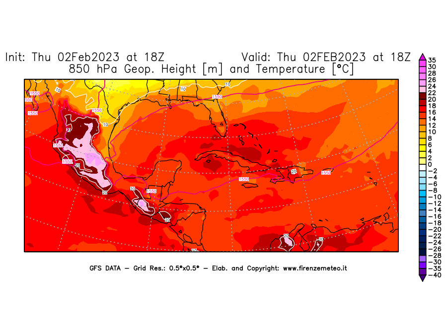Mappa di analisi GFS - Geopotenziale [m] e Temperatura [°C] a 850 hPa in Centro-America
							del 02/02/2023 18 <!--googleoff: index-->UTC<!--googleon: index-->