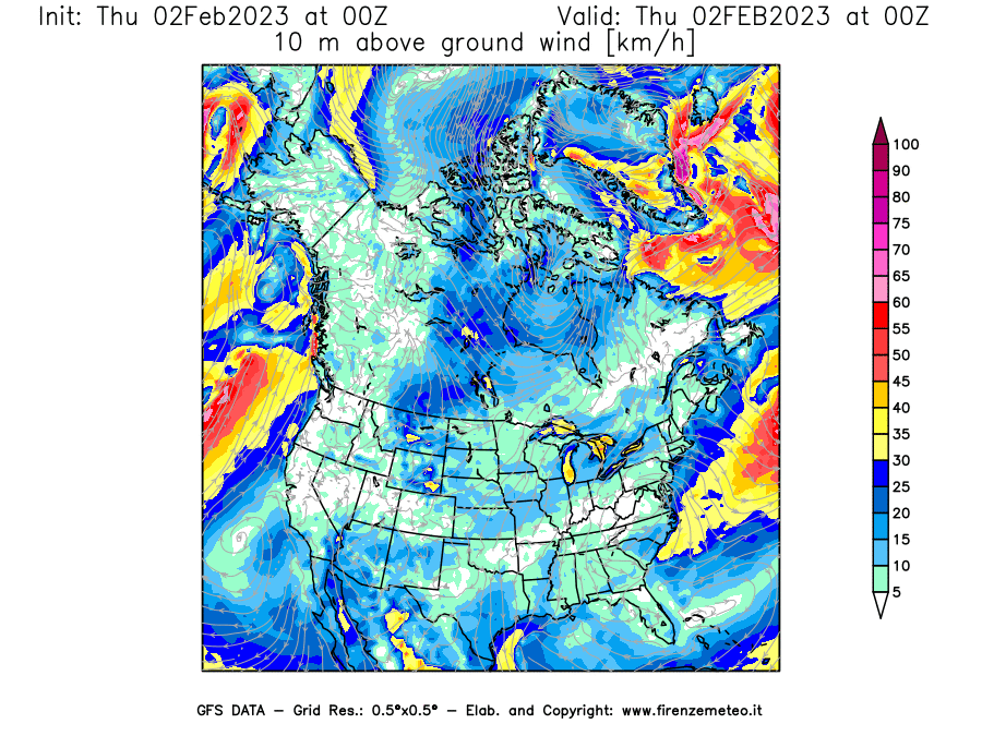 Mappa di analisi GFS - Velocità del vento a 10 metri dal suolo [km/h] in Nord-America
							del 02/02/2023 00 <!--googleoff: index-->UTC<!--googleon: index-->